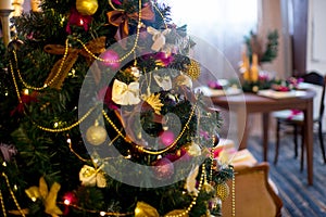 Christmas interior in purple and gold colors