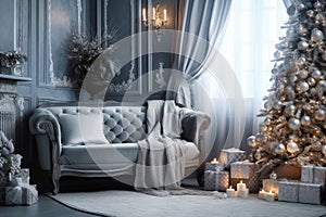 Christmas interior of the room, living room, with Christmas tree, sofa, candles, decorations. Happy new year and merry christmas.