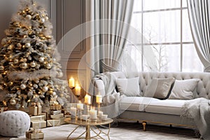 Christmas interior of the room, living room, with Christmas tree, sofa, candles, decorations. Happy new year and merry christmas.