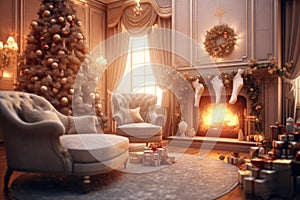 Christmas interior of a room, living room, with a fireplace, a Christmas tree, an armchair. Happy new year and merry christmas.