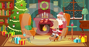 Christmas interior. Santa Claus winter holiday decorated living room with fireplace and xmas tree cartoon vector