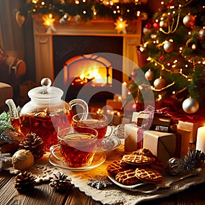 Christmas interior, table with tea set and Christmas cookies in festive colors, Christmas tree fireplace decorated with toys and