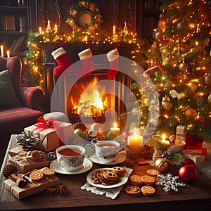 Christmas interior, table with tea set and Christmas cookies in festive colors, Christmas tree fireplace decorated with toys and