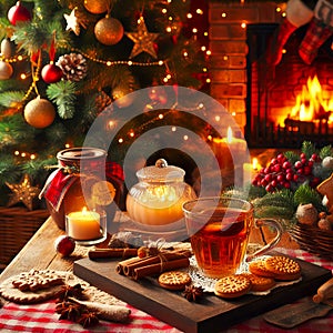 Christmas interior, table with tea set and Christmas cookies in festive colors, Christmas tree fireplace decorated with toys and