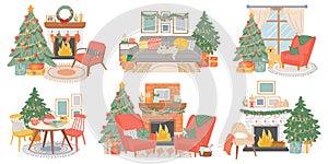 Christmas interiors. New year decorated room with pine tree, fireplace, cozy chairs, cat and dog. Home winter holiday