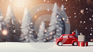 Christmas invitation card background Christmas, snow and red toy car