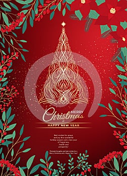 Christmas invitation card of golden Christmas tree, poinsettia, leaves, branches, berries, holly, star. Happy New Year symbol,