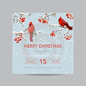 Christmas Invitation Card - Winter Birds and Berries