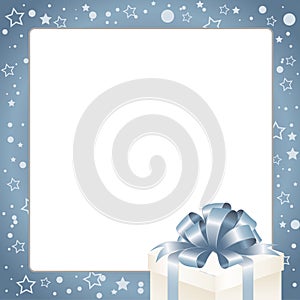 Christmas Invitation, Greeting or Gift card. Blue frame with gift box with blue bow.