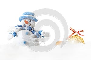 Isolated snowman and xmas balls decorations on white background, merry marry Christmas and happy new year card concept