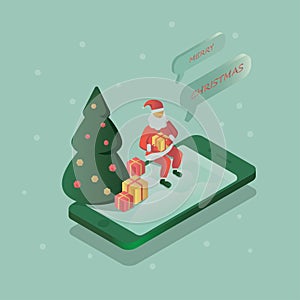 Christmas isometric illustration. Santa Claus delivering gifts, online presents to people, 3D Vector Santa throwing