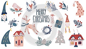 Christmas Items collection. Gifts, Twigs, Deer, Birds, Cute houses, Garlands. Vector cartoon illustration for greeting cards,