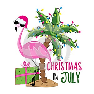 Christmas in July - Flamingo in Santa\'s hat. Palm tree decorated with Christmas lights garland, isolated on white background