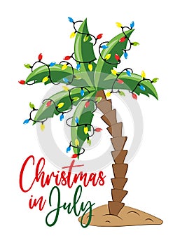 Christmas in July - Palm tree decorated with Christmas lights garland,  isolated on white background.