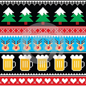 Christmas jumper or sweater seamless pattern with beer, reindeer and trees