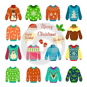 Christmas jumper. Xmas cozy funny sweater with ugly print for traditional party cartoon vector clothes set