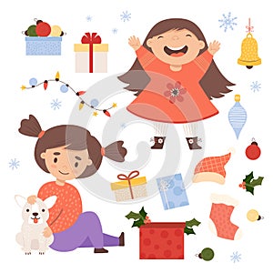 Christmas Kids collection. Cute joyful child and girl with dog, garland, gifts with balls, bell toy, Christmas stocking