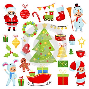 Christmas kids. Cute new year characters, traditional decor elements, children holiday party. Santa and snowman, xmas