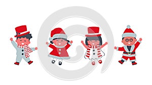 Christmas kids party. Cute children dance in holiday costumes. Santa Claus, Snowman, Snowwoman