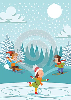 Christmas kids playing winter games skating, skiing, sledding, girl dresses up Christmas tree, boy and girl makes a snow