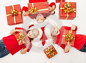 Christmas helpers kids with red presents gift box