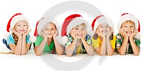 Christmas Kids in Hat, Group of Children Santa Helpers, White