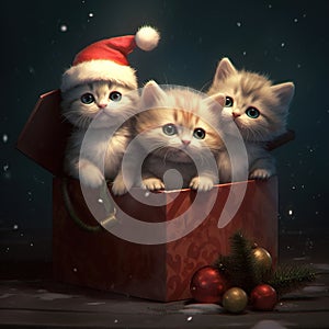 Christmas kittens. gifts, garlands, Christmas, New Year. Generative AI