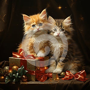 Christmas kittens. gifts, garlands, Christmas, New Year. Generative AI