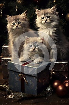 Christmas kittens. gifts, garlands, Christmas, New Year. Generative AI