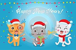 Christmas Kittens Vector. Cat In Christmas Costumes. Design For New Year Holiday Theme.