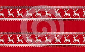 Christmas knit seamless pattern. Xmas geometric texture. Knitted sweater background. Red print with reindeers