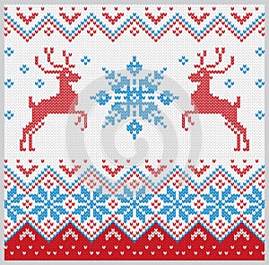 Christmas knitted pattern with snowflake and deer vector set