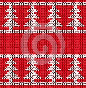Christmas knitted texture. Vector seamless pattern sweater style. White Christmas trees on a red knitted background.