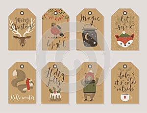 Christmas kraft paper cards and gift tags set, hand drawn style.