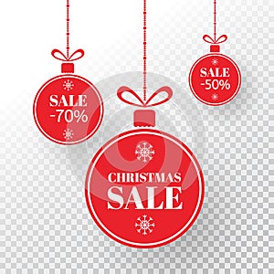 Christmas label. Red xmas balls with sign sale, special offer. Merry Christmas and New Year balls sale. Holiday design