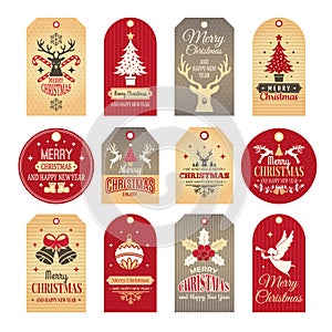 Christmas labels. Holiday tags and badges with funny winter new year elements and vector snow illustrations