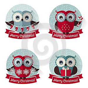 Christmas labels with owls and ribbons. Vector set.