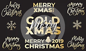 Christmas labels. Set of Xmas lettering typography gold badges