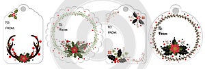 Christmas labels vector- decorations with flowers and leaves for name tags for gifts. Wreath Christmas illustration