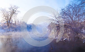 Christmas Lace.Winter landscape in pink tones with hoarfrost everywhere.Mostly calm winter river  surrounded by trees covered with