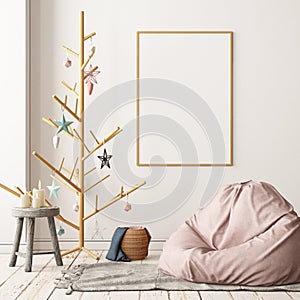Christmas lag-style interior Mockup Scandinavian interior with a hanging chair.