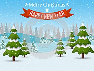 Christmas landscape background with snow and tree