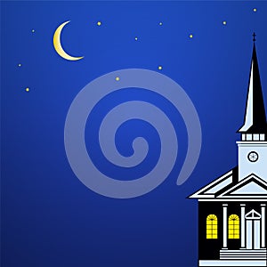 Christmas landscape with Church Spire, moon and stars