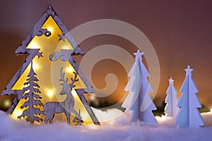 Christmas Landscape Concept - Reindeer And Trees With Snow