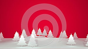 Christmas landscape of flat white pine trees on a red background