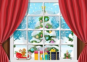 Christmas landscape with forest in window.