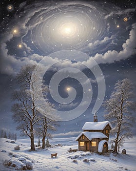 Christmas landscape, greeting card