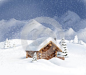 Christmas landscape - hut, snow, pine trees