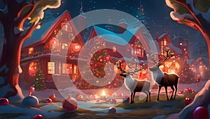 Christmas landscape with illuminated houses, many Christmas balls and reindeers