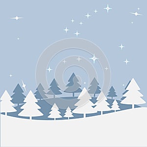 Christmas landscape at night. Postal map with a hill, trees, star sky. Greeting or postal map, paper of Art of vectorial